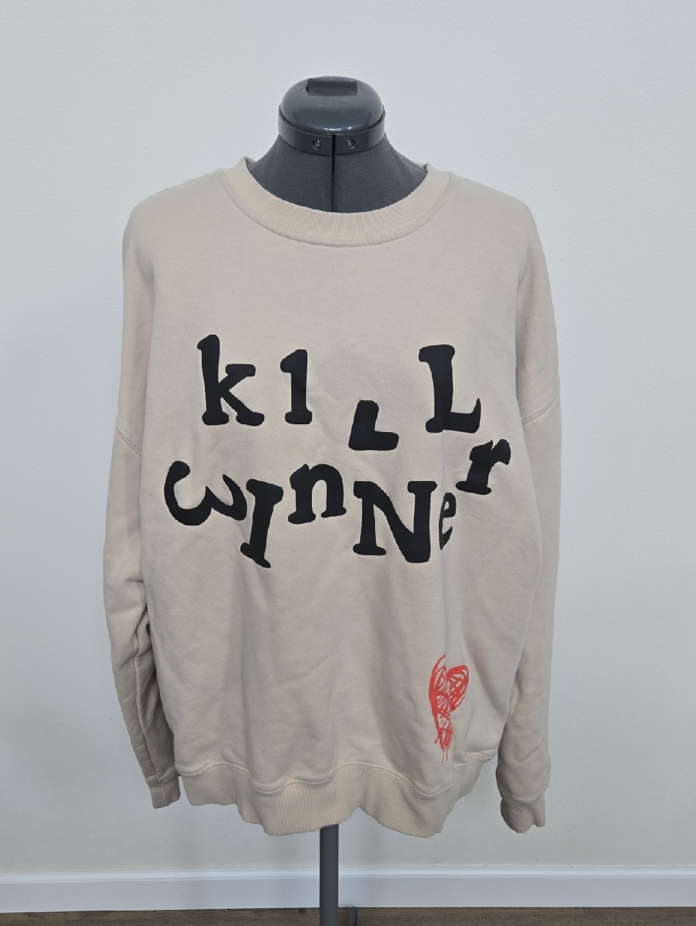 Beige Graphic Crewneck Sweater with Black Lettering